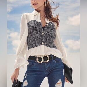Venus White & Gray Color-Block Corset-Trim Button-Up - Women size 4
